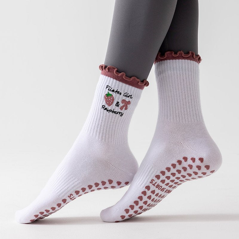 Ruffle Cuff Embroidered Pilates Grip Socks - Strawberry