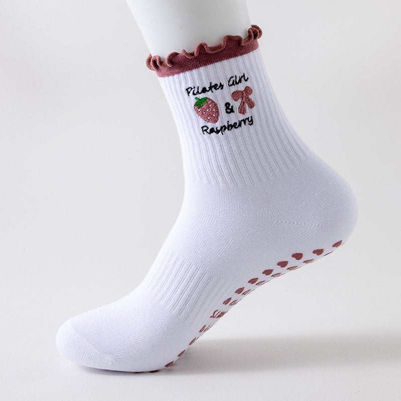 Ruffle Cuff Embroidered Pilates Grip Socks - Strawberry - 1