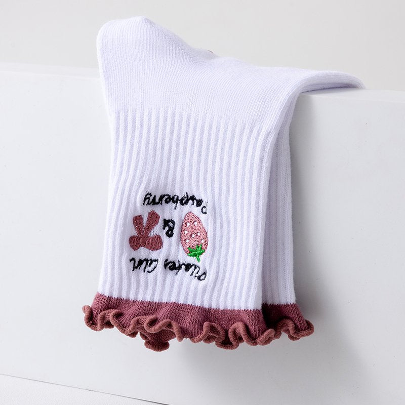 Ruffle Cuff Embroidered Pilates Grip Socks - Strawberry - 2