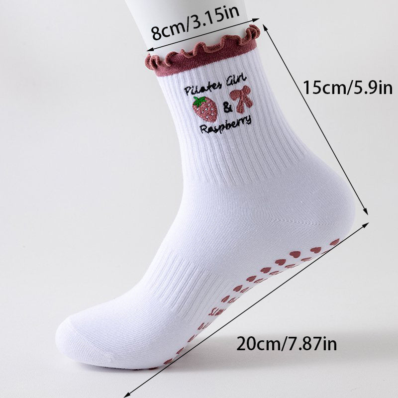 Ruffle Cuff Embroidered Pilates Grip Socks - Strawberry - 3