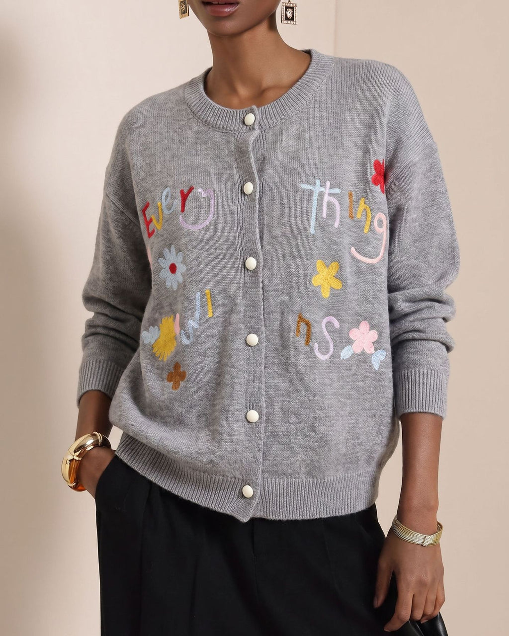 Daisy And Script Embroidery Knit Cardigan - Grey