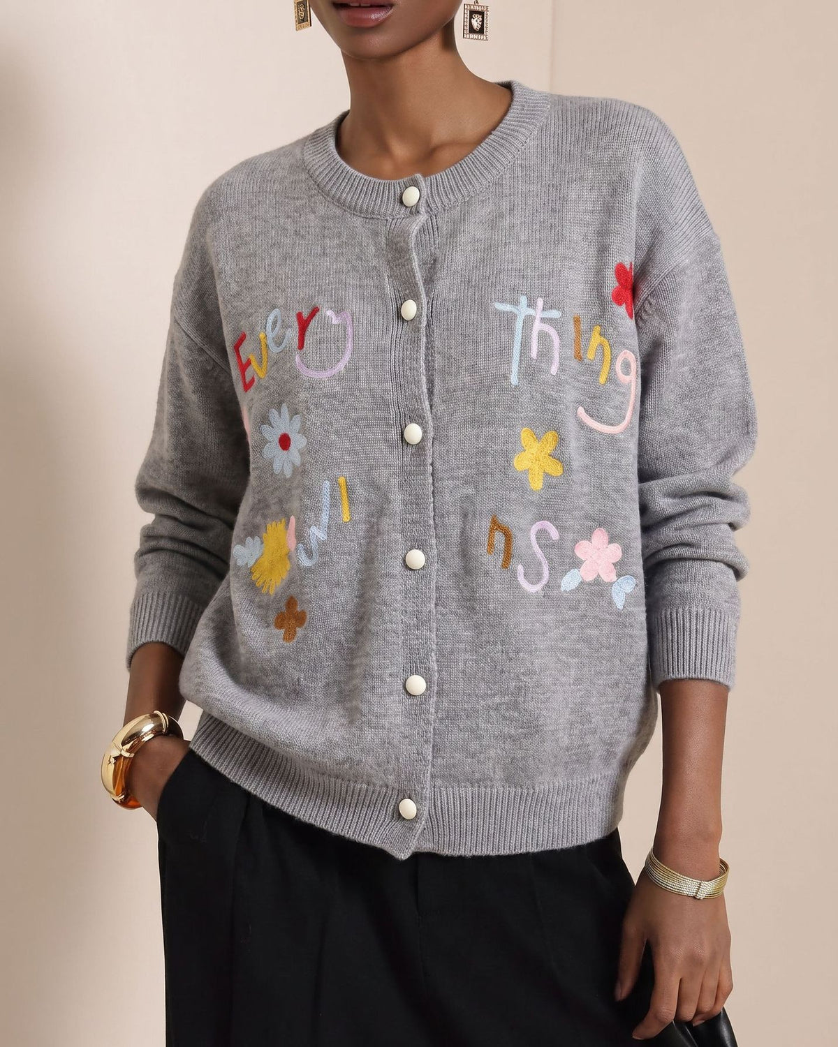 Daisy And Script Embroidery Knit Cardigan - Grey