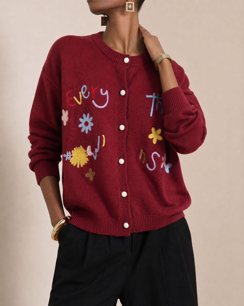 Daisy And Script Embroidery Knit Cardigan - Wine-Red