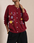Daisy And Script Embroidery Knit Cardigan - Wine-Red