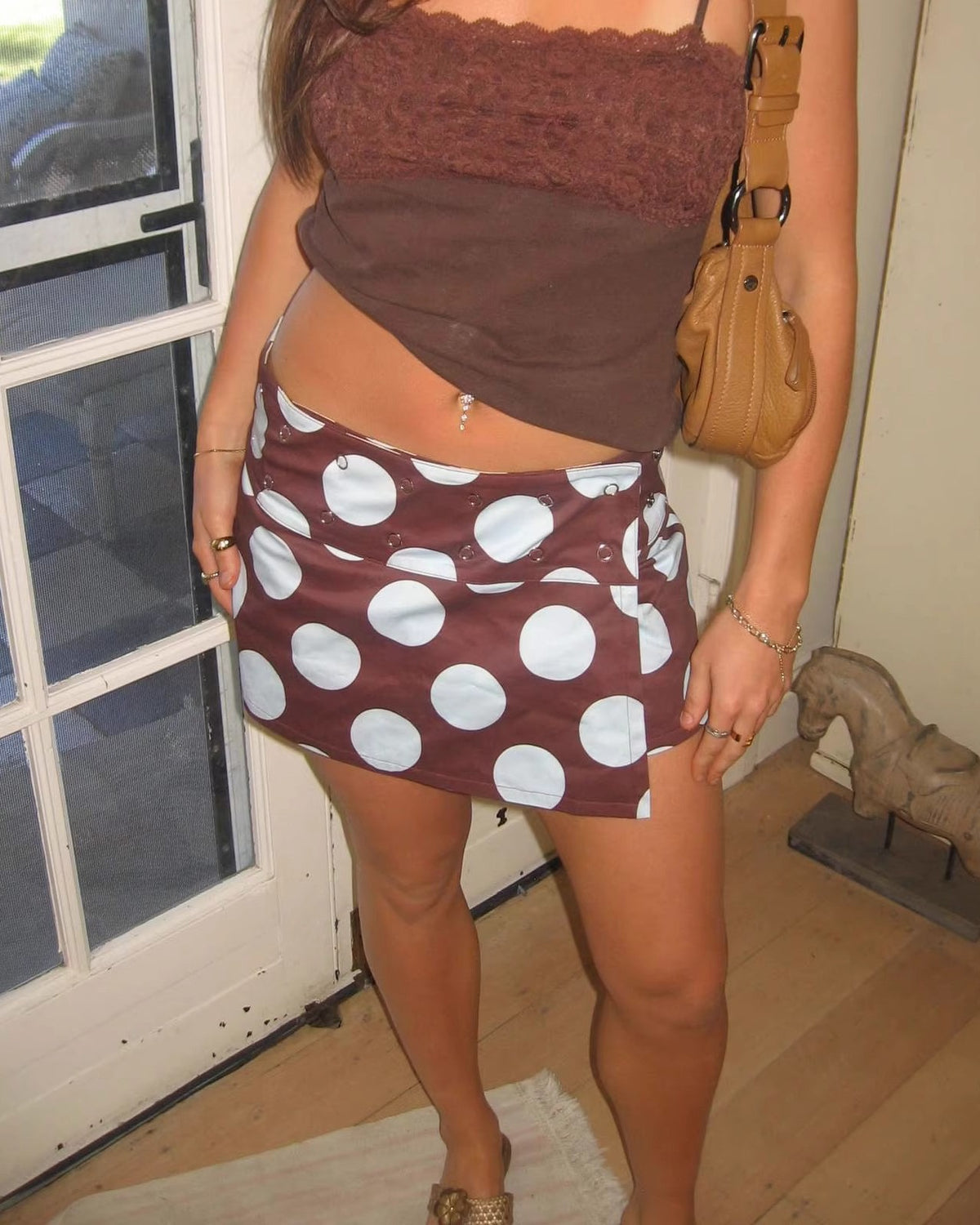 Asymmetric Wrap Low Rise Denim Mini Skirt - Coffee - 1