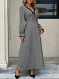 Check Print Lace Trim V-Neck Long Sleeve Maxi Dress - Black
