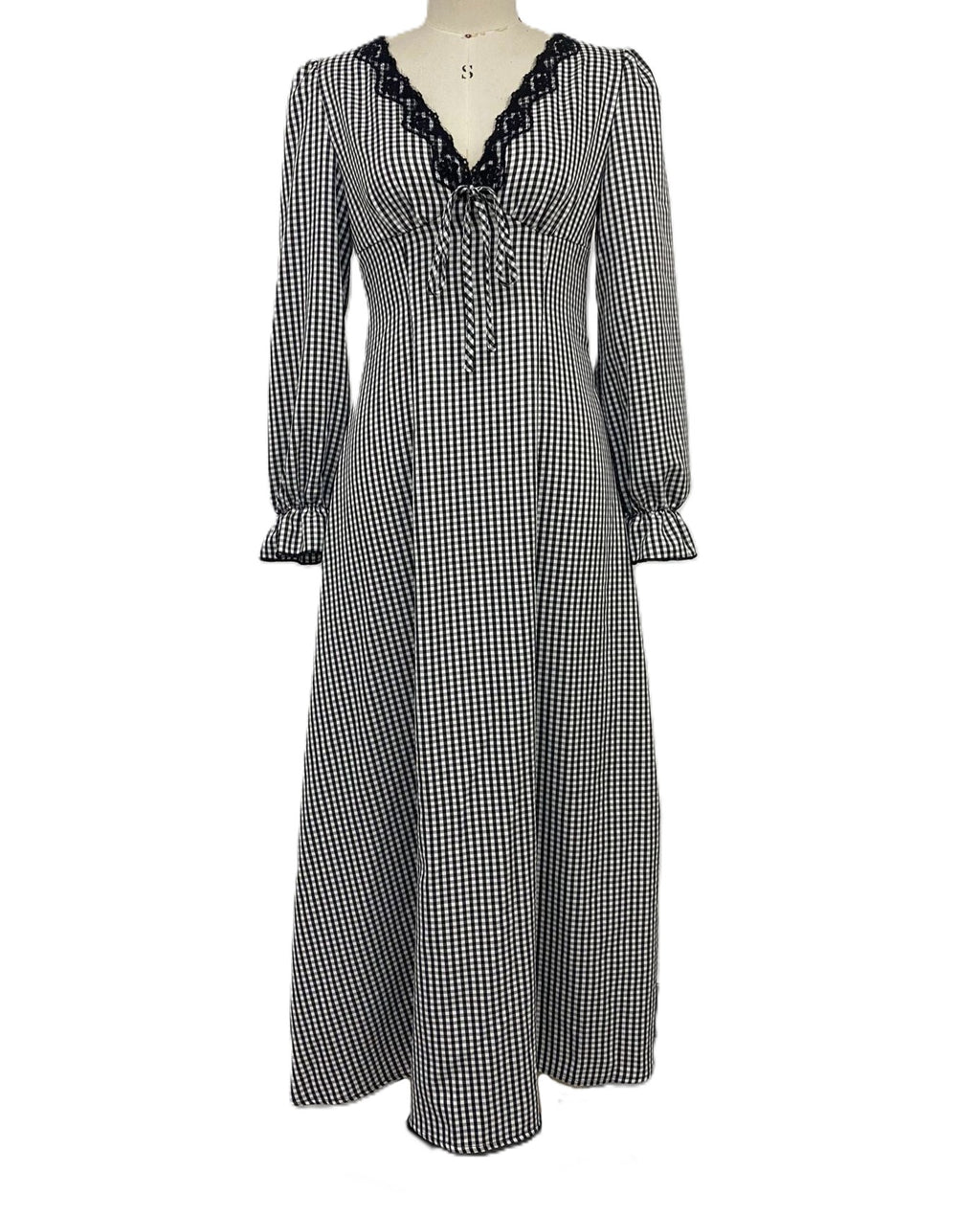 Check Print Lace Trim V-Neck Long Sleeve Maxi Dress - Black - 1
