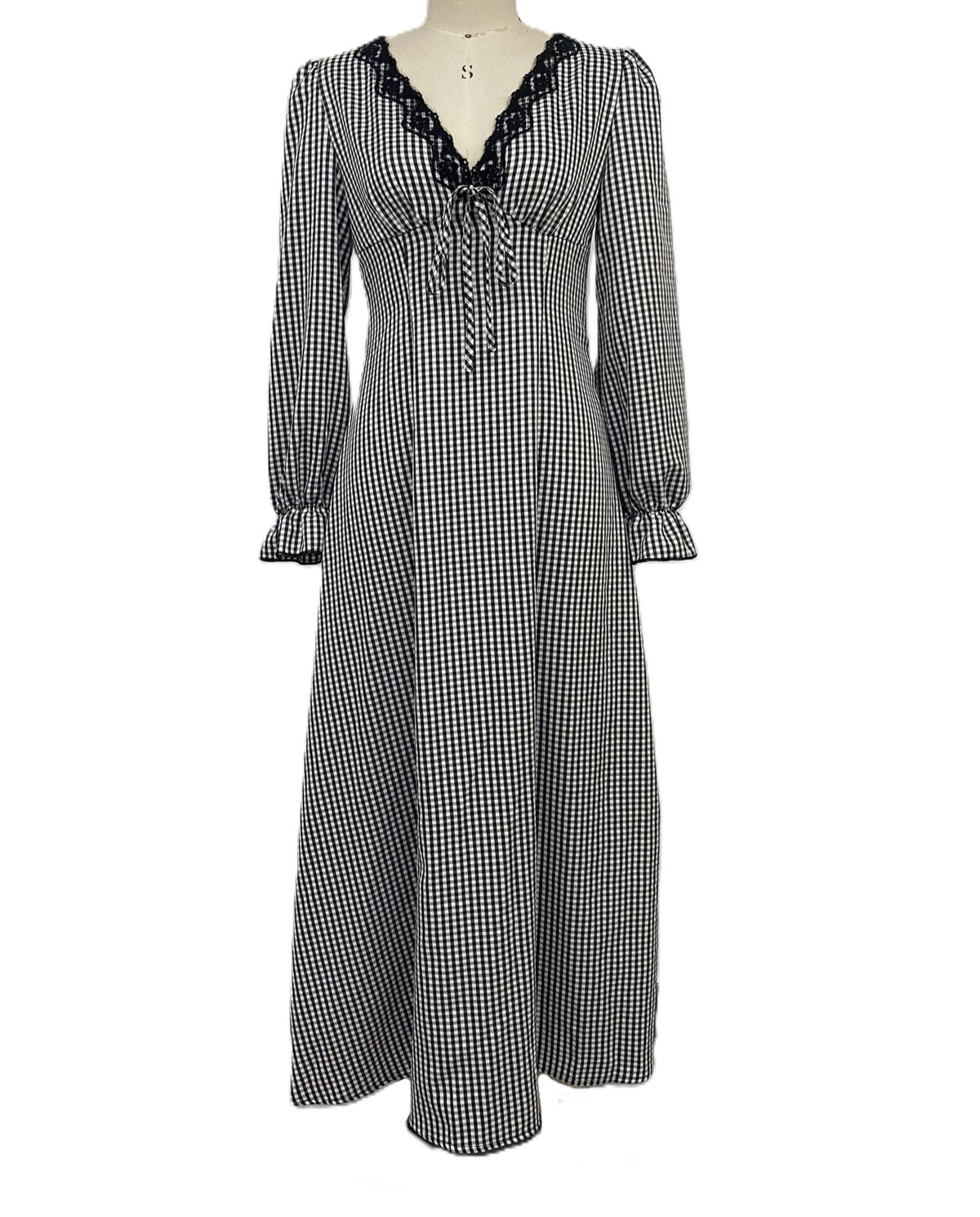 Check Print Lace Trim V-Neck Long Sleeve Maxi Dress - Black - 1