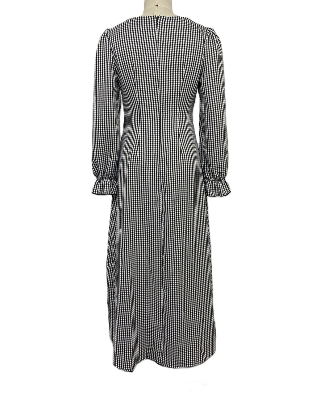 Check Print Lace Trim V-Neck Long Sleeve Maxi Dress - Black - 2