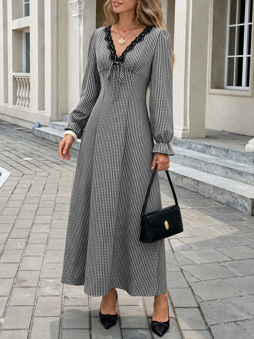 Check Print Lace Trim V-Neck Long Sleeve Maxi Dress - Black - 3