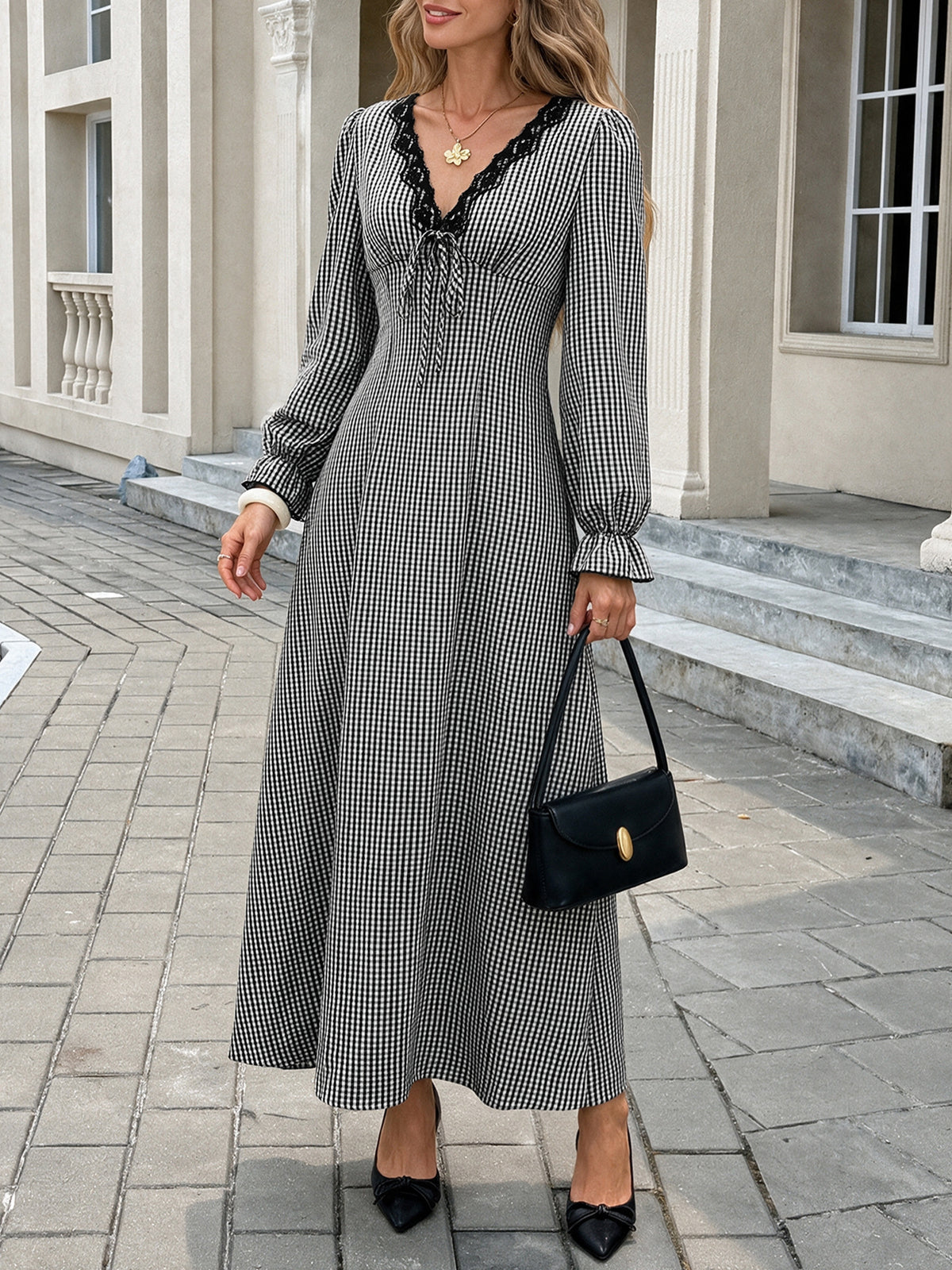 Check Print Lace Trim V-Neck Long Sleeve Maxi Dress - Black - 3