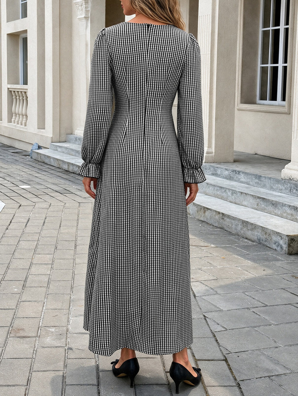 Check Print Lace Trim V-Neck Long Sleeve Maxi Dress - Black - 5