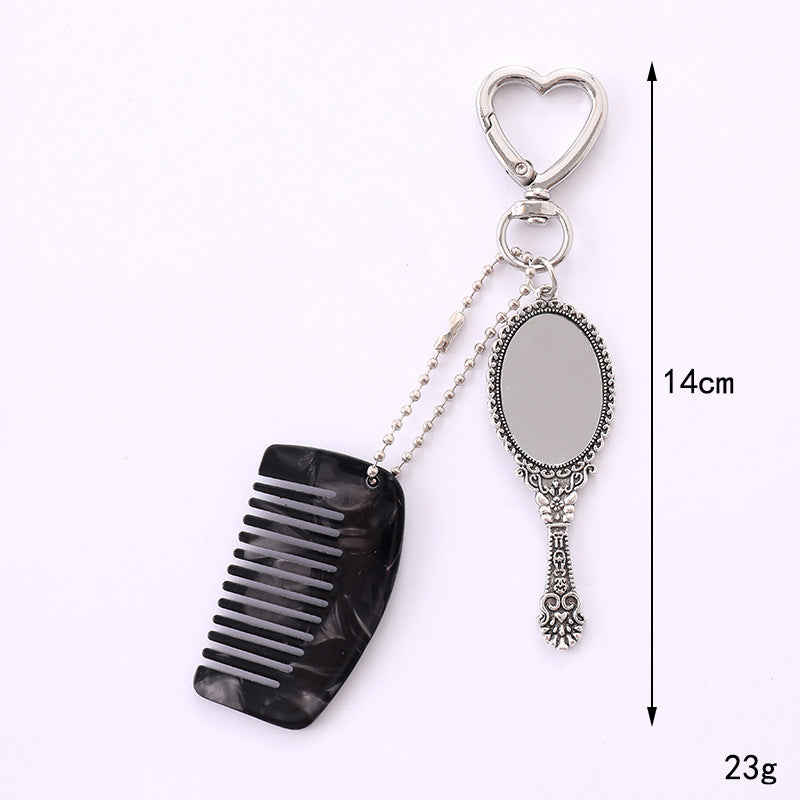 Vintage Mirror And Mini Comb Keychain - Black