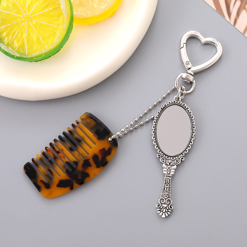 Vintage Mirror And Mini Comb Keychain - Leopard