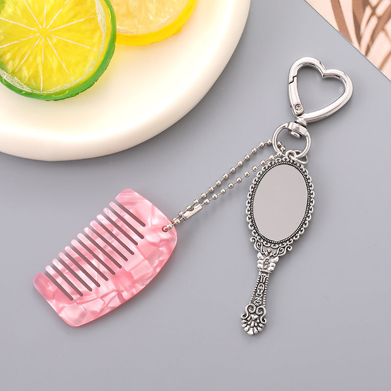 Vintage Mirror And Mini Comb Keychain - Pink
