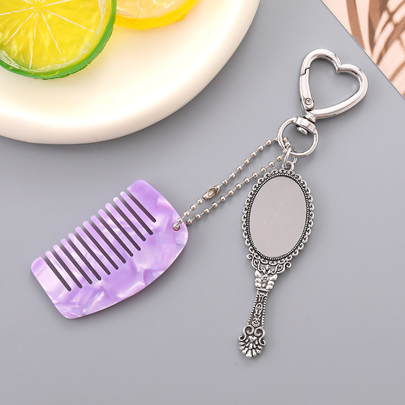 Vintage Mirror And Mini Comb Keychain - Purple