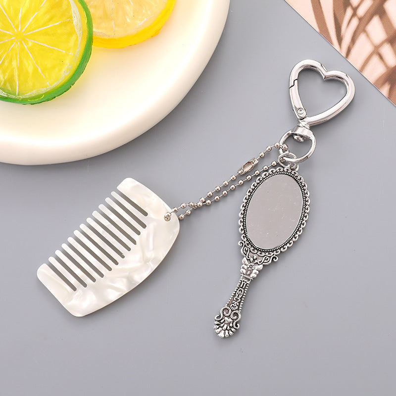 Vintage Mirror And Mini Comb Keychain - White
