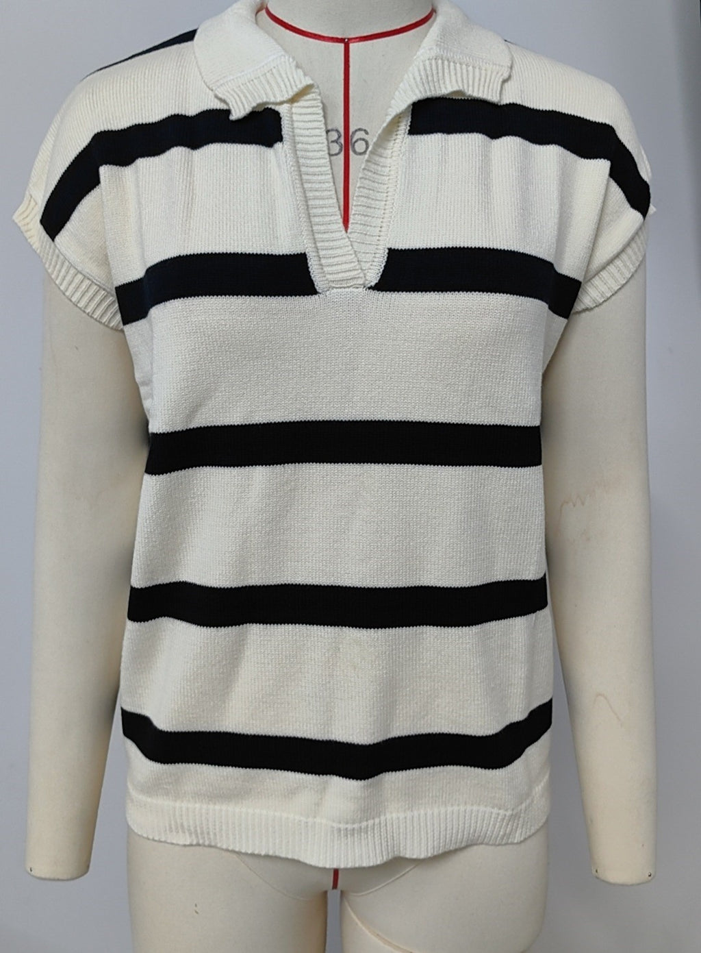 Striped Collared Cap Sleeve Knit Vest - Apricot