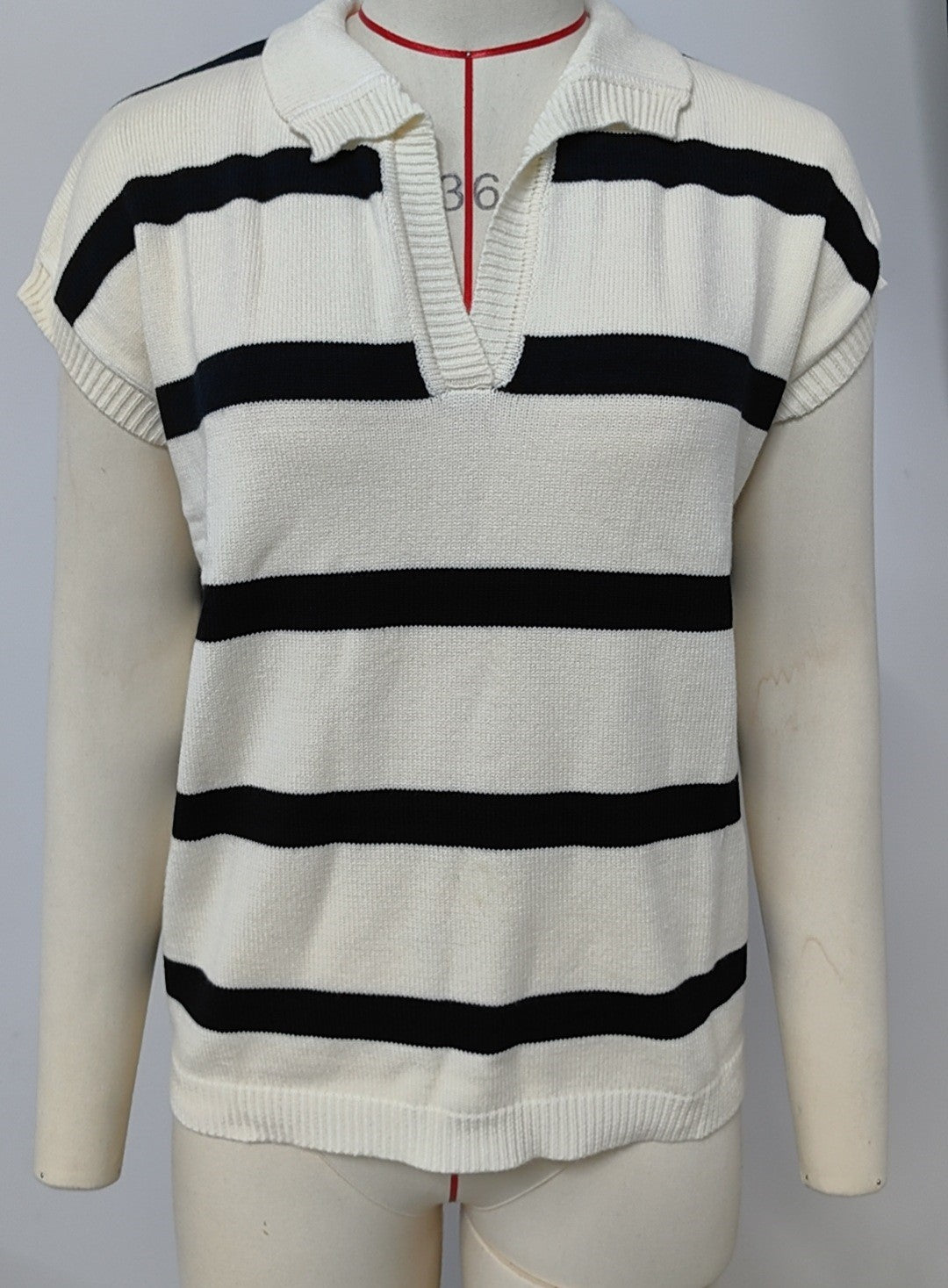 Striped Collared Cap Sleeve Knit Vest - Apricot