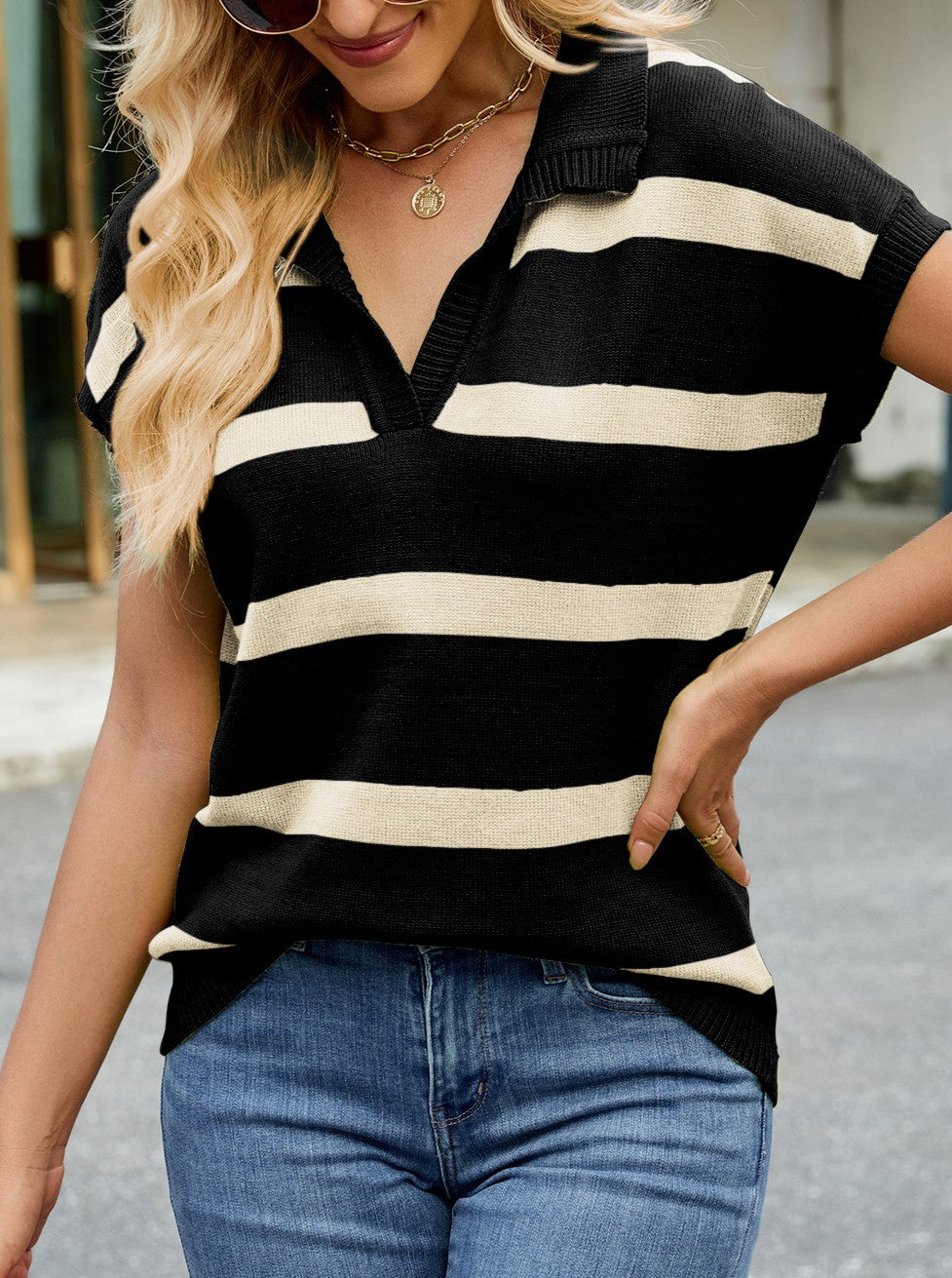 Striped Collared Cap Sleeve Knit Vest - Black - 2