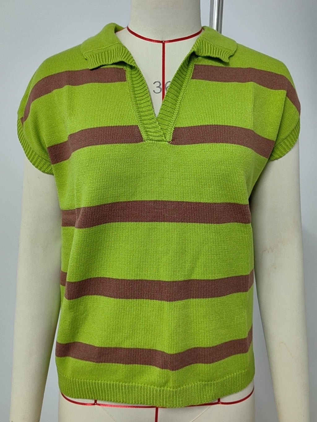Striped Collared Cap Sleeve Knit Vest - Green - 1