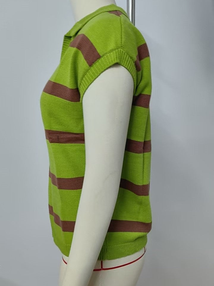 Striped Collared Cap Sleeve Knit Vest - Green - 2