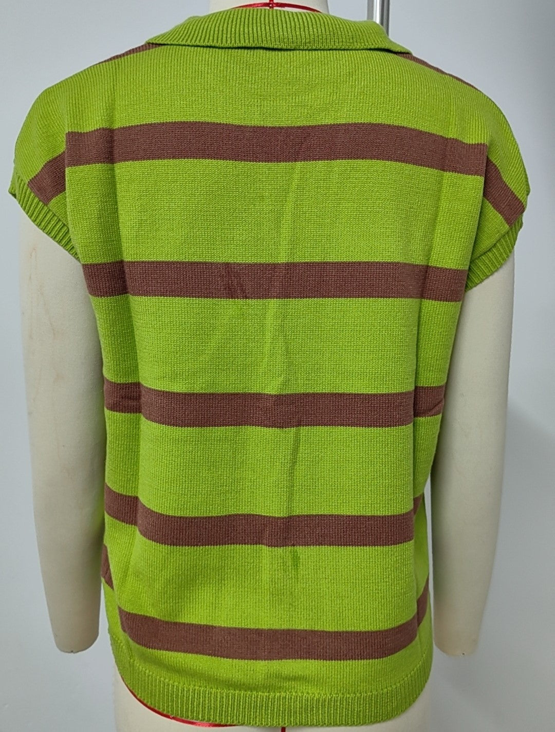 Striped Collared Cap Sleeve Knit Vest - Green - 3