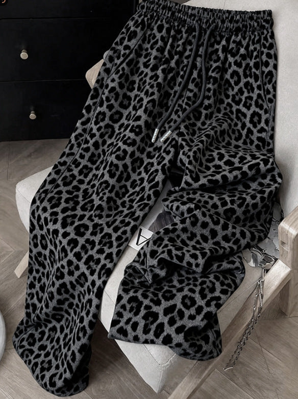 Leopard Print Wide Leg Lounge Pants - Gray