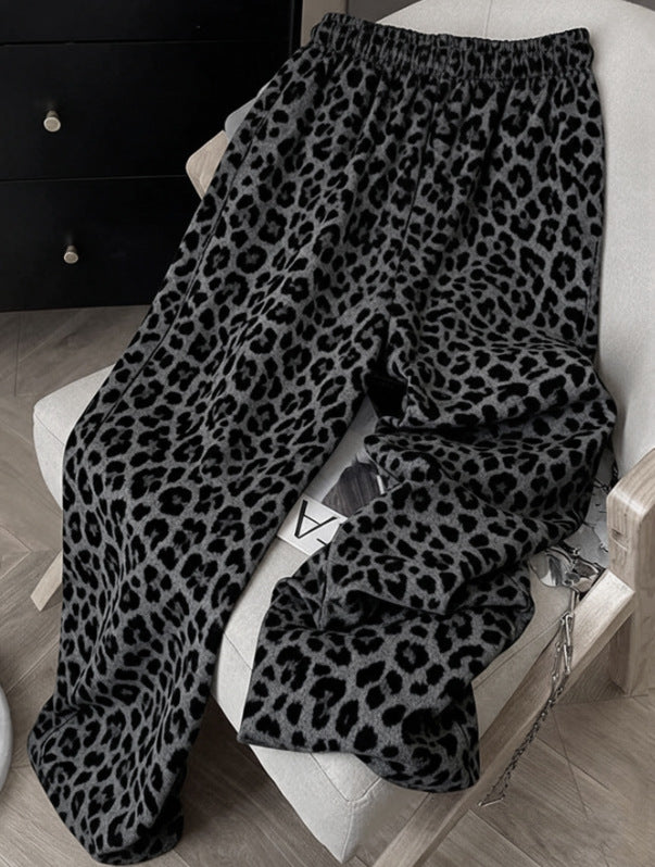 Leopard Print Wide Leg Lounge Pants - Gray - 1