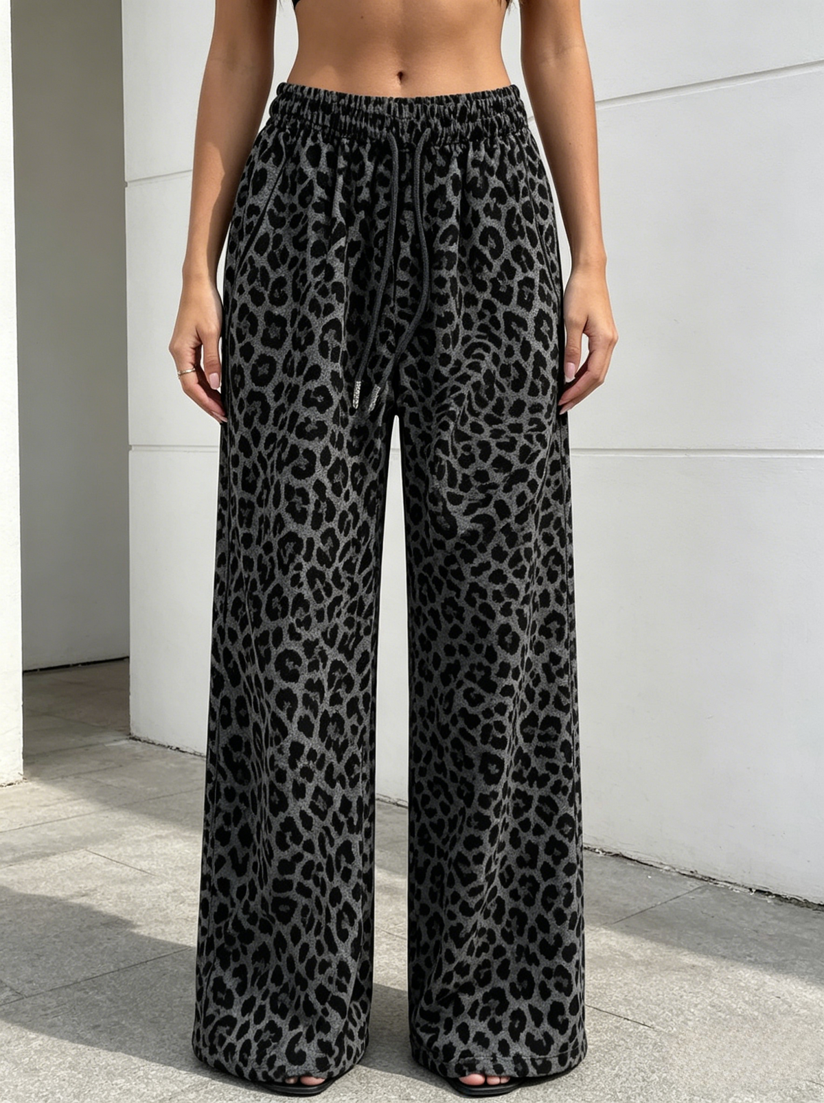 Leopard Print Wide Leg Lounge Pants - Gray - 2