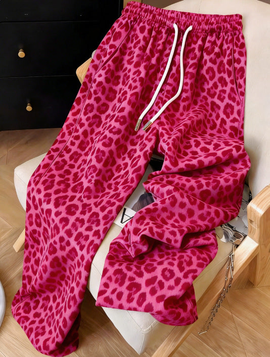 Leopard Print Wide Leg Lounge Pants - Rose_red