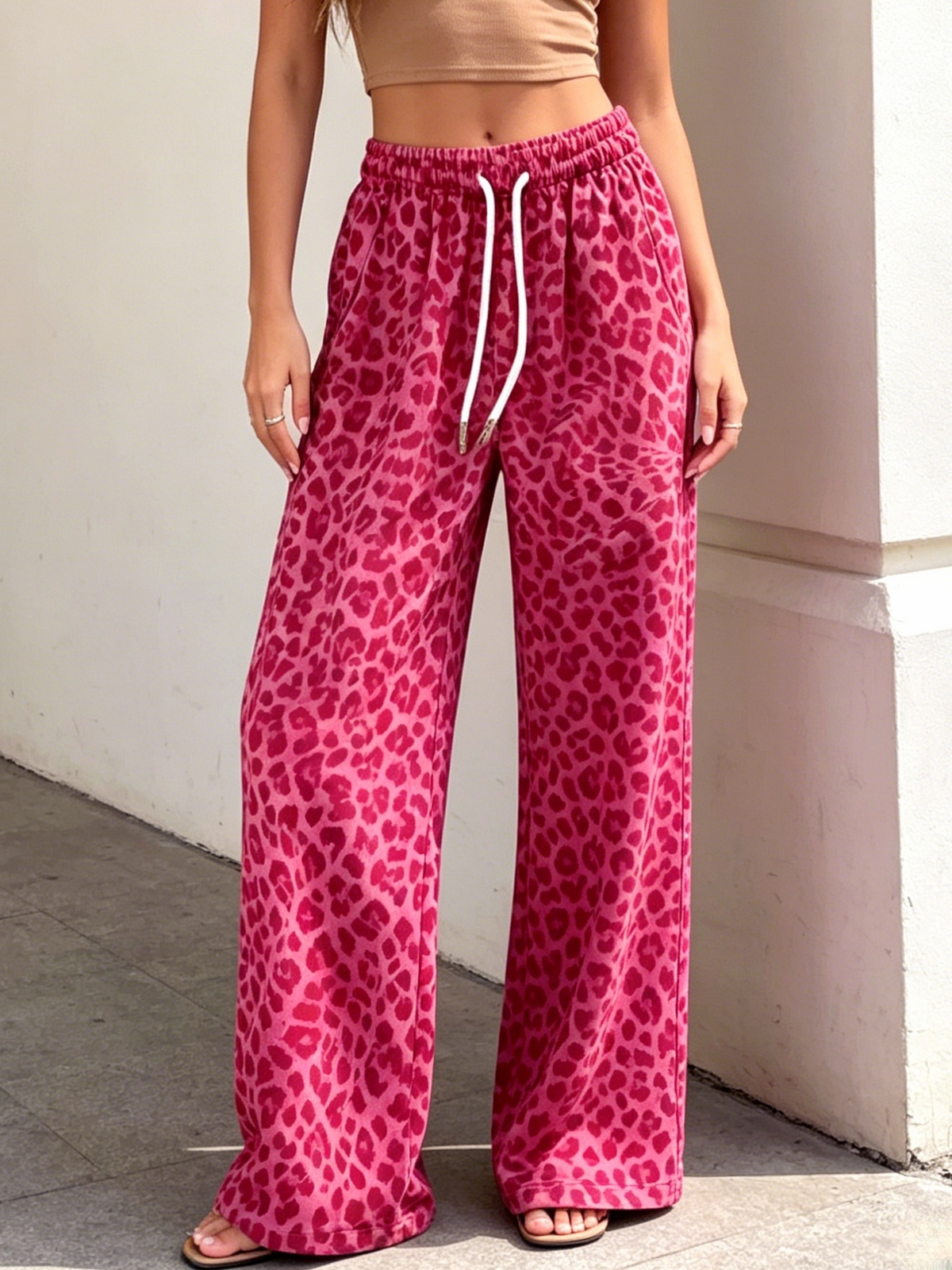 Leopard Print Wide Leg Lounge Pants - Rose_red - 1