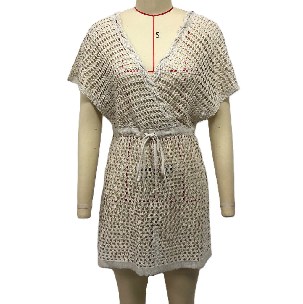 Crochet Knit V Neck Beach Cover Up - Apricot - 1