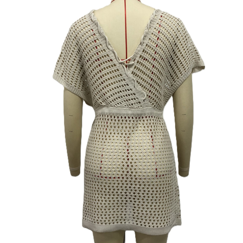 Crochet Knit V Neck Beach Cover Up - Apricot - 2