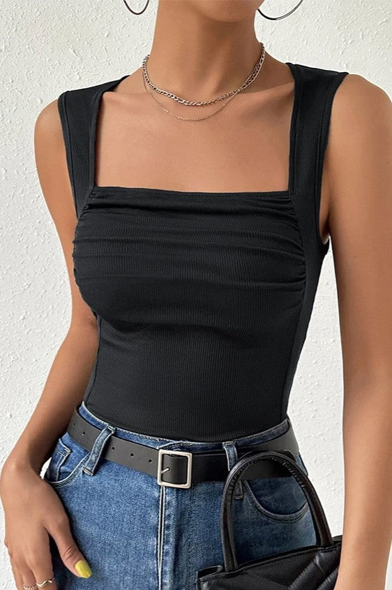 Ruched Square Neck Ribbed Tank Top - Black