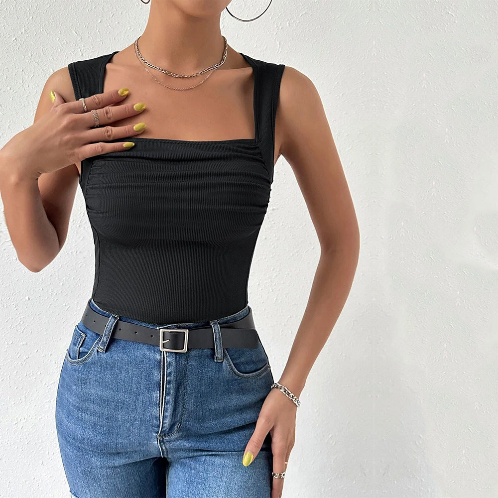 Ruched Square Neck Ribbed Tank Top - Black - 1