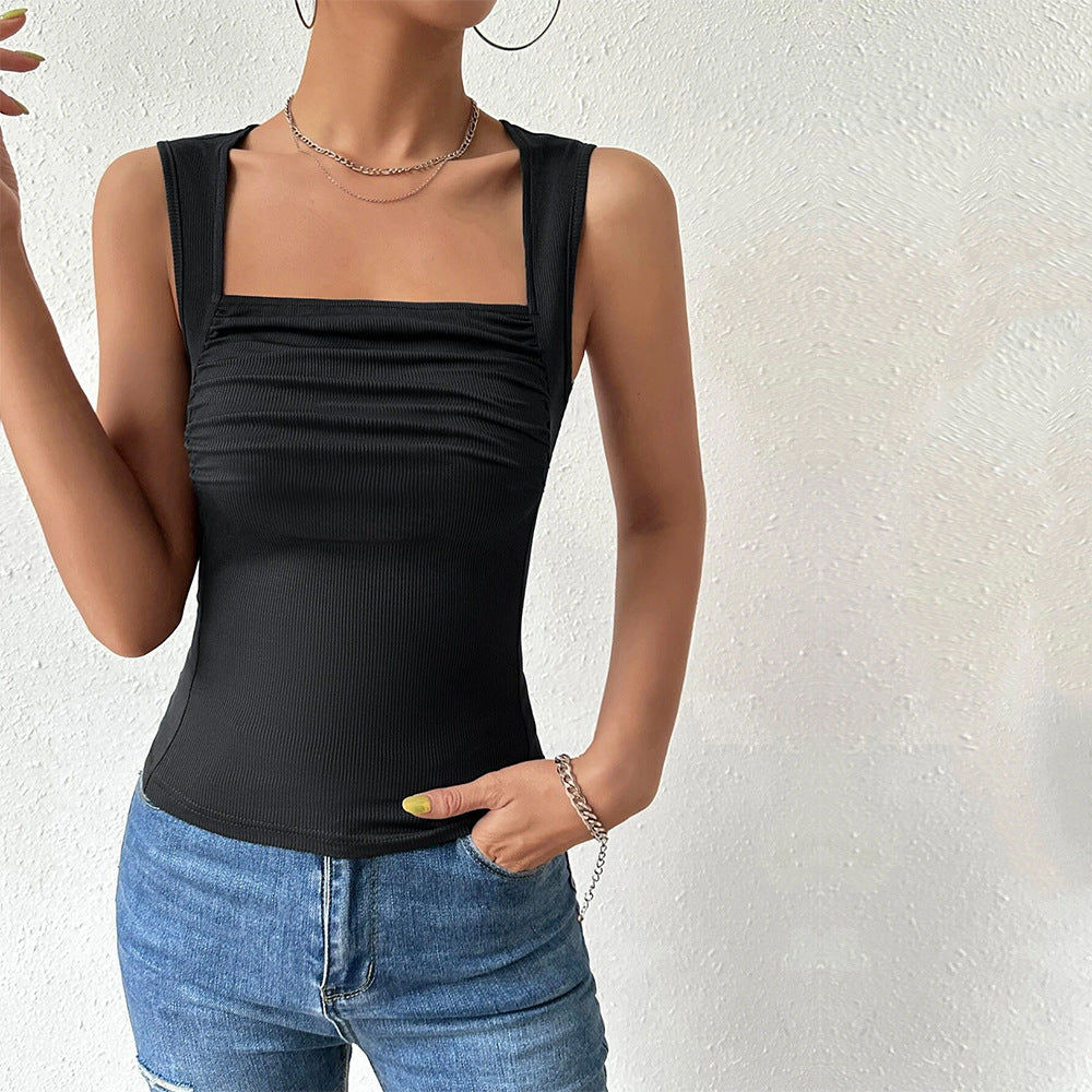 Ruched Square Neck Ribbed Tank Top - Black - 3