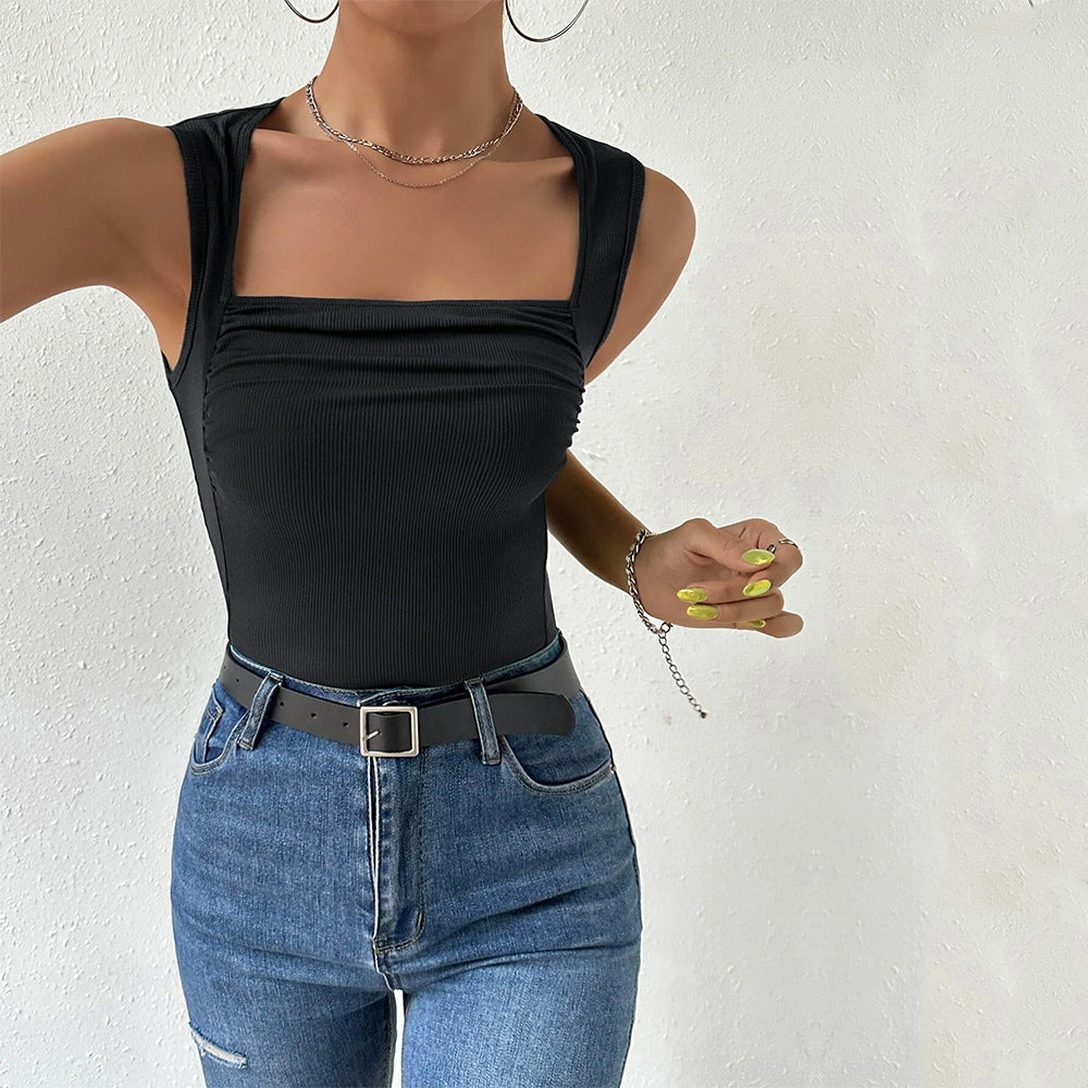 Ruched Square Neck Ribbed Tank Top - Black - 4