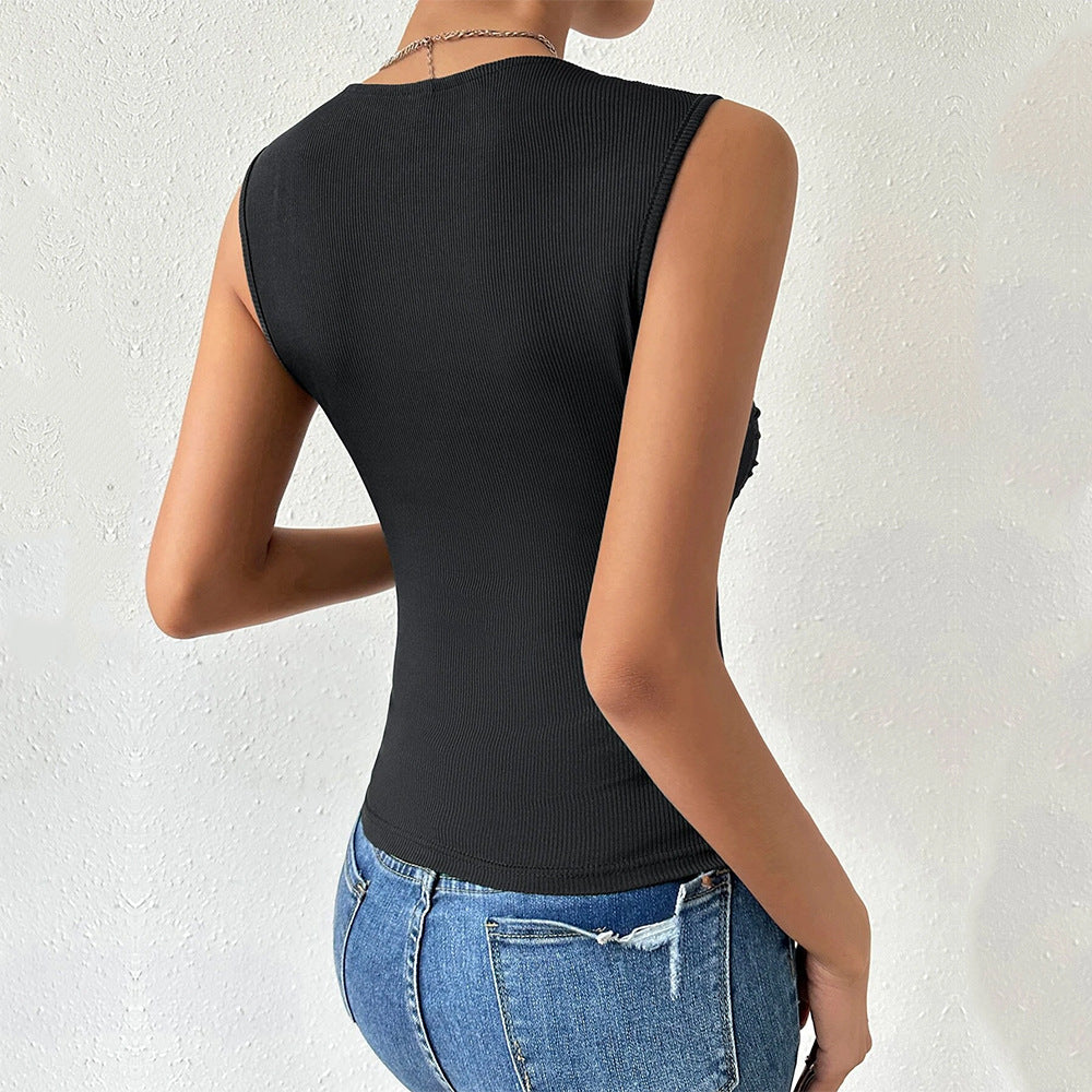 Ruched Square Neck Ribbed Tank Top - Black - 5