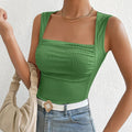 Ruched Square Neck Ribbed Tank Top - Green
