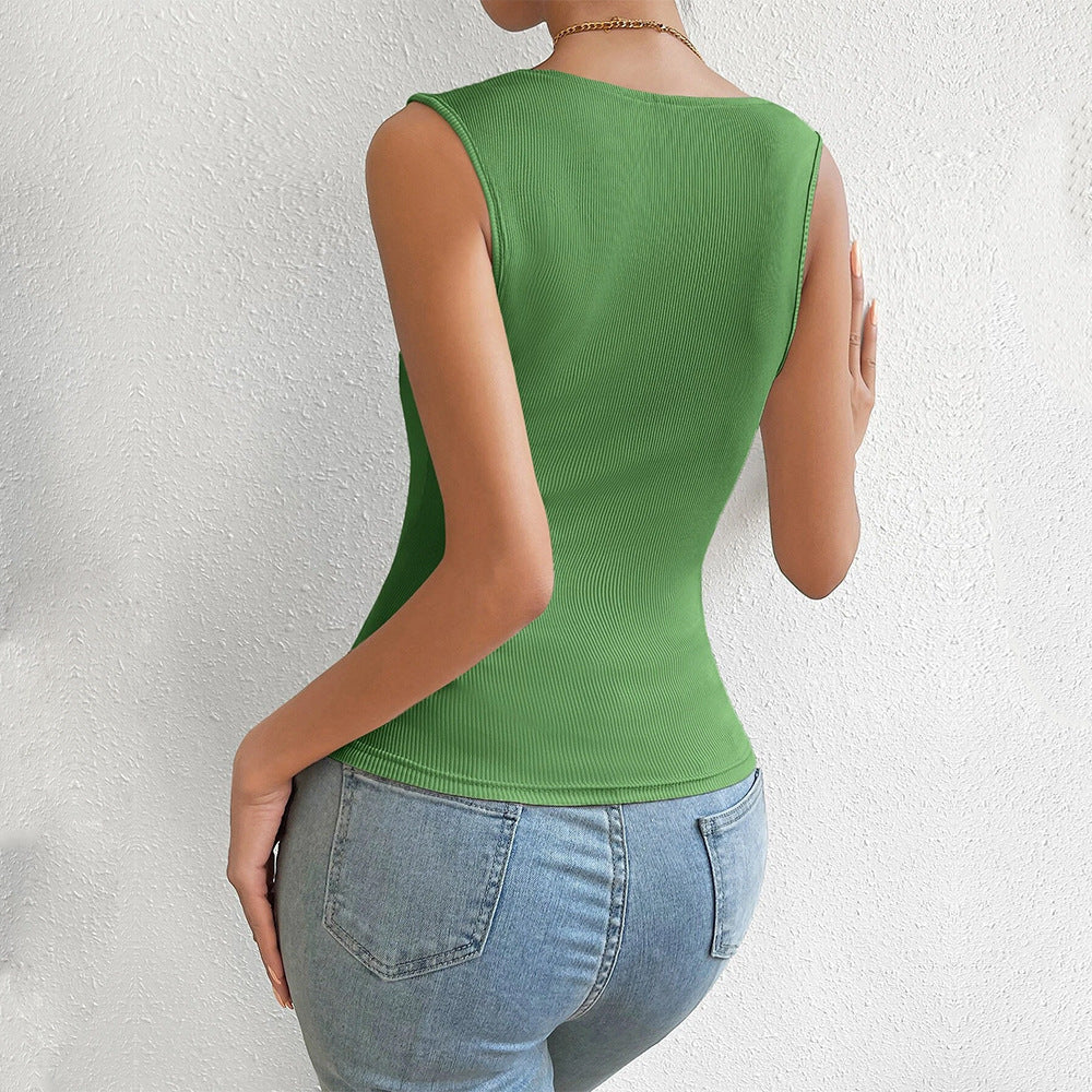 Ruched Square Neck Ribbed Tank Top - Green - 1