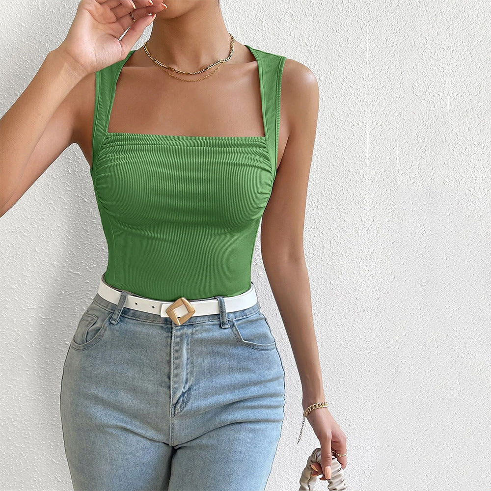 Ruched Square Neck Ribbed Tank Top - Green - 2