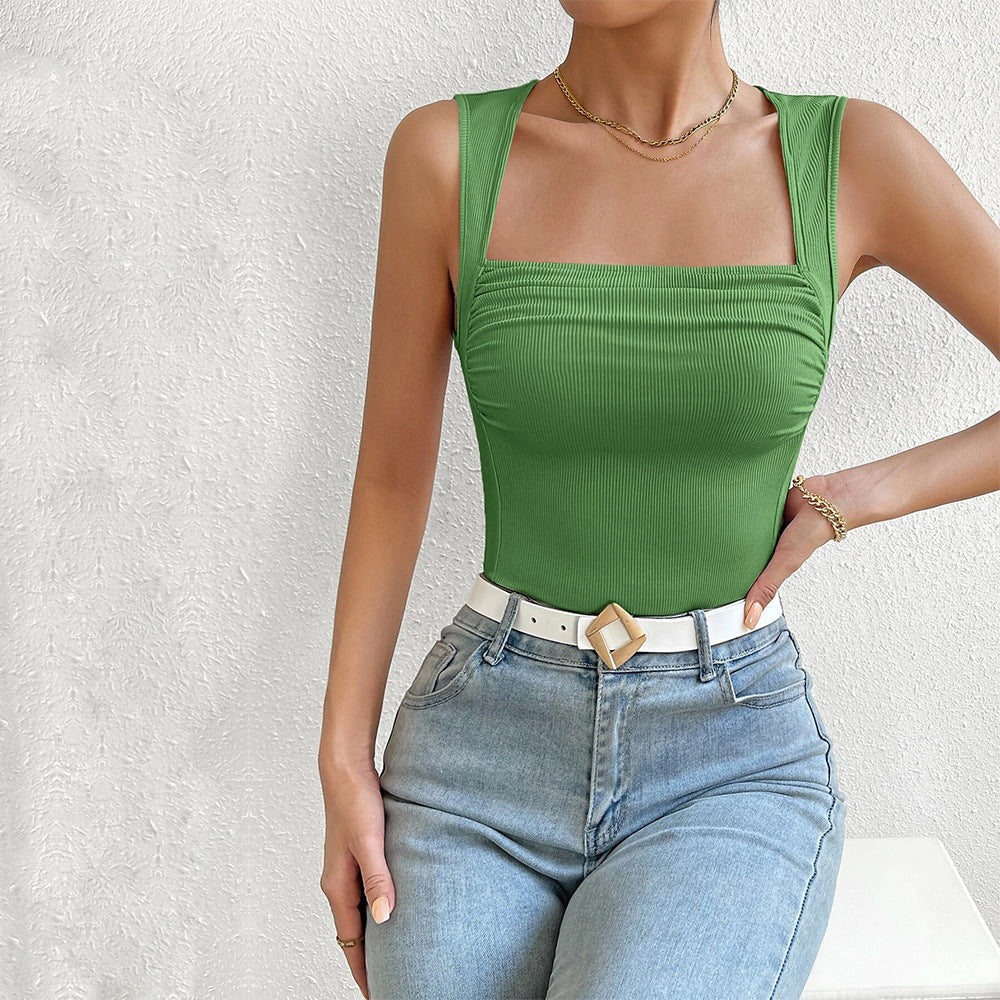 Ruched Square Neck Ribbed Tank Top - Green - 4