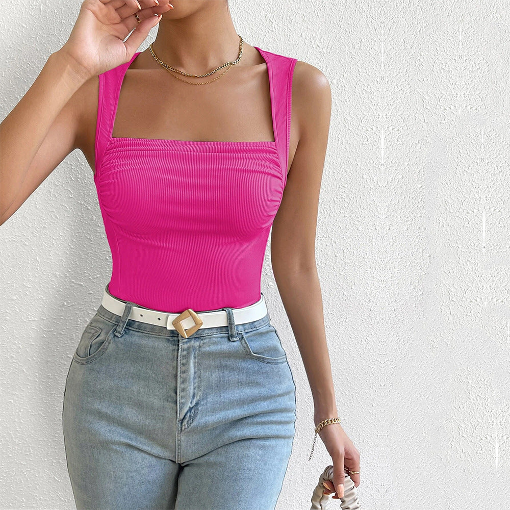 Ruched Square Neck Ribbed Tank Top - Pink - 3