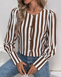 Vertical Stripe Button Front Collarless Shirt - Brown