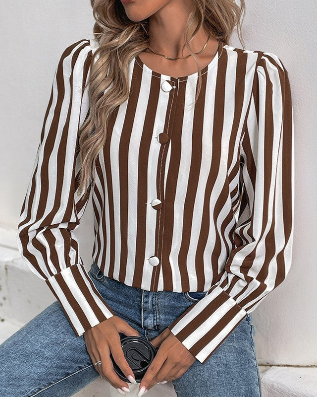 Vertical Stripe Button Front Collarless Shirt - Brown