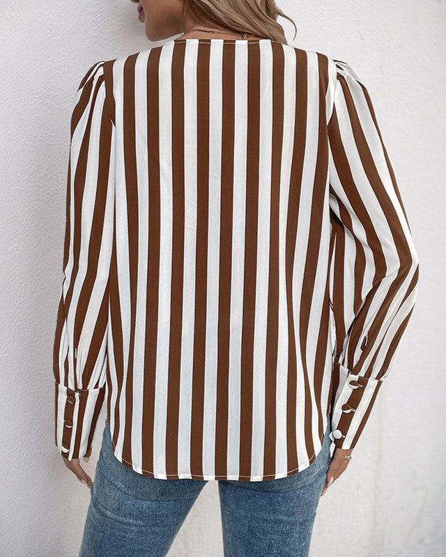 Vertical Stripe Button Front Collarless Shirt - Brown - 3