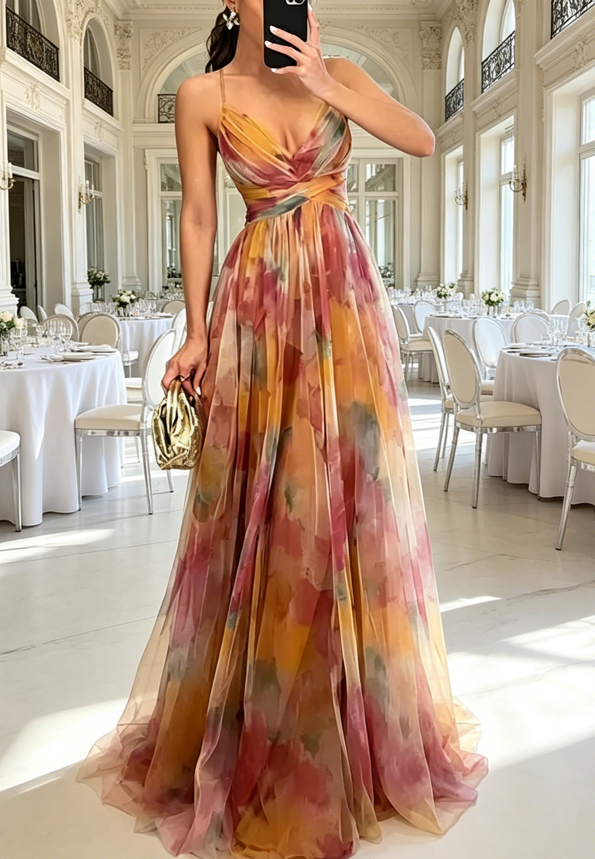 Ethereal Watercolor Floral Plunge V-Neck Chiffon Gown - Caramel