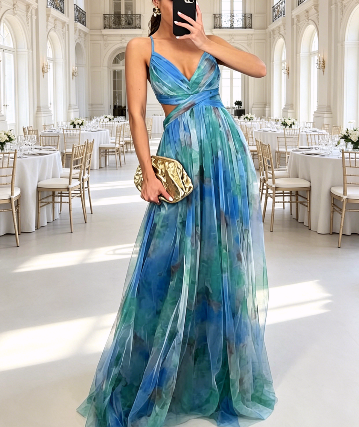 Ethereal Watercolor Floral Plunge V-Neck Chiffon Gown - Peacock