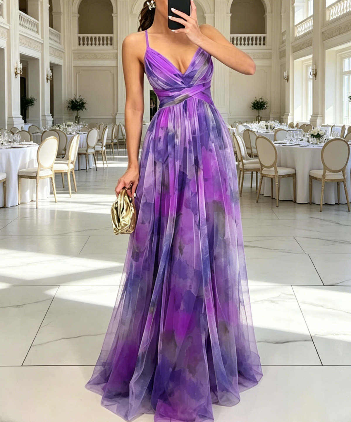 Ethereal Watercolor Floral Plunge V-Neck Chiffon Gown - Purple